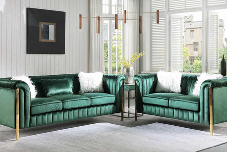 Fara sofa in emerald green velvet with gold legs, front angle