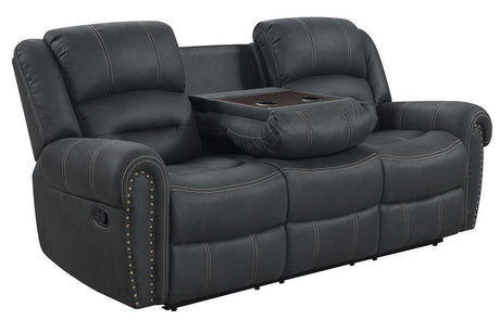 Houston dark grey fabric reclining sofa front view with swivel glider