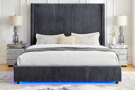 Belinda Queen Bed in grey fabric with LED lighting front view