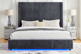 Belinda grey upholstered king bed front view with LED lights