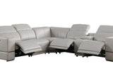 Close-up of light gray Italian leather upholstery on Franco sectional