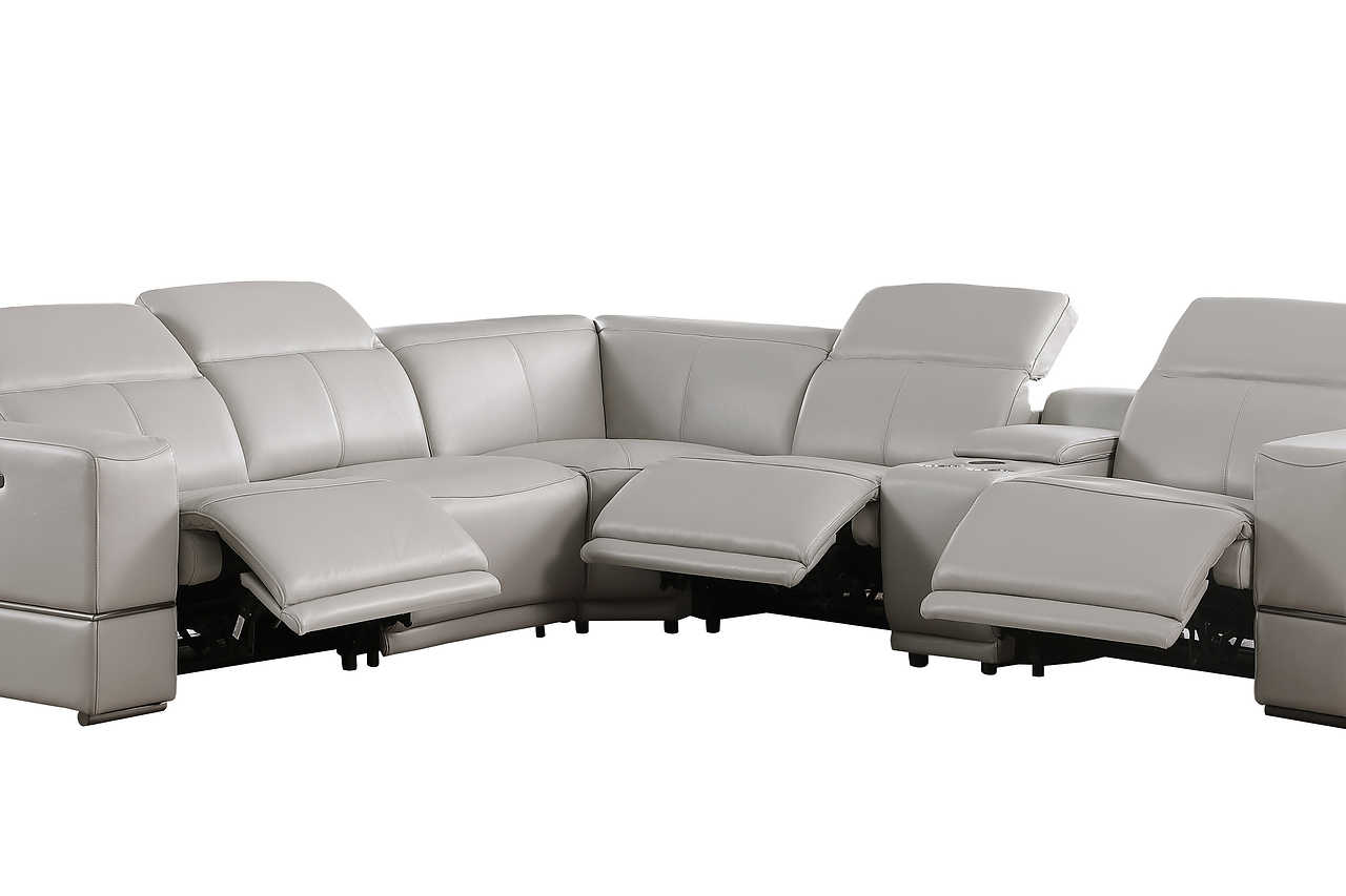 Close-up of light gray Italian leather upholstery on Franco sectional