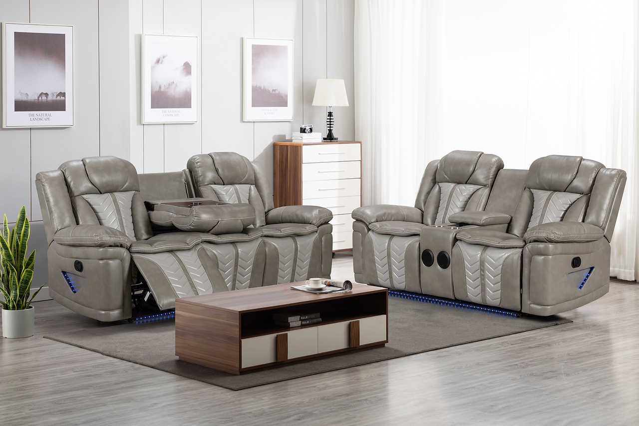 Innova Grey loveseat with Bluetooth sound and LED lighting, side angle