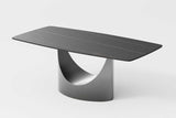 Lexi dining table corner detail of stone top and steel base