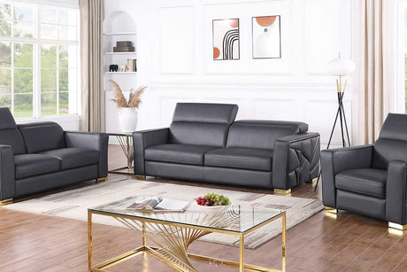 Astra dark navy leather sofa with gold accents, side view