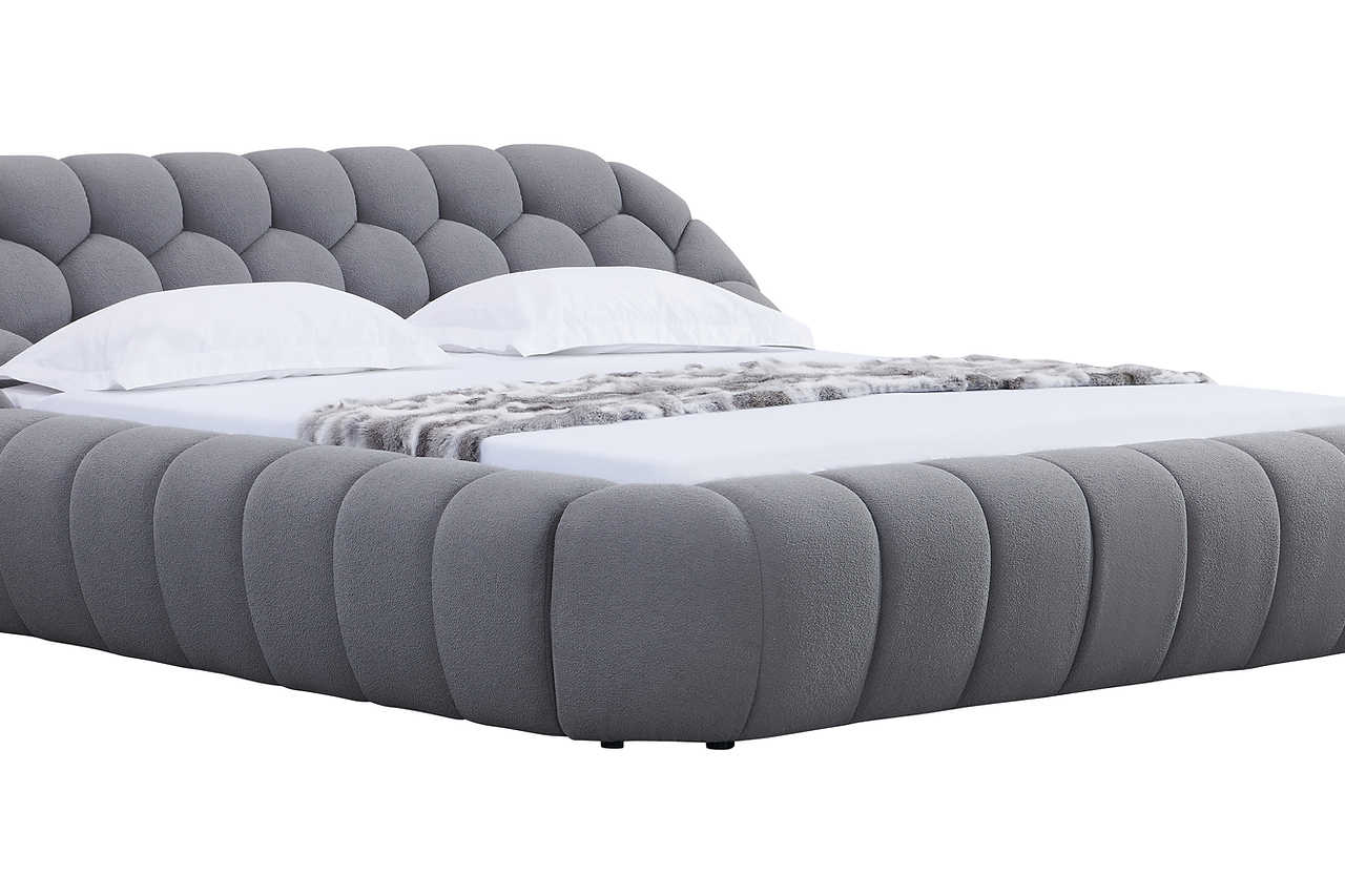 Overall view of Bubbles gray upholstered queen bed in room setting