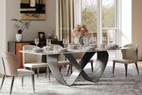 Amara dining table side view highlighting black carbon steel base