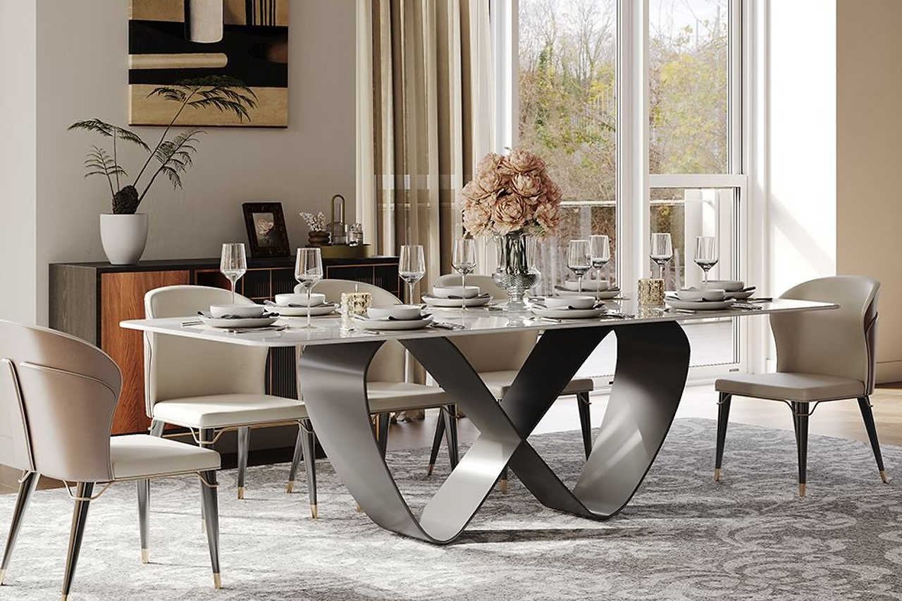 Amara dining table side view highlighting black carbon steel base