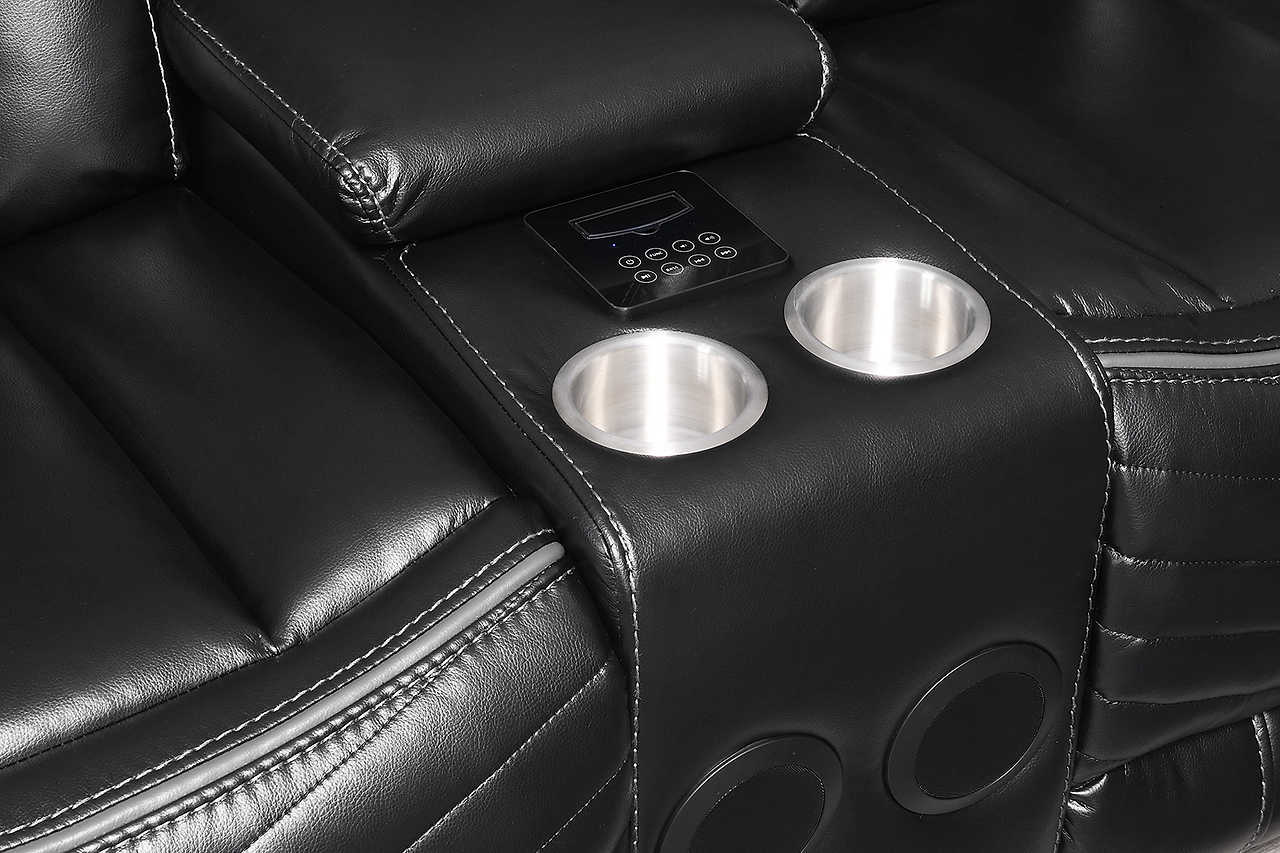 Lucky Charm black leather right-arm reclining loveseat with LED and console