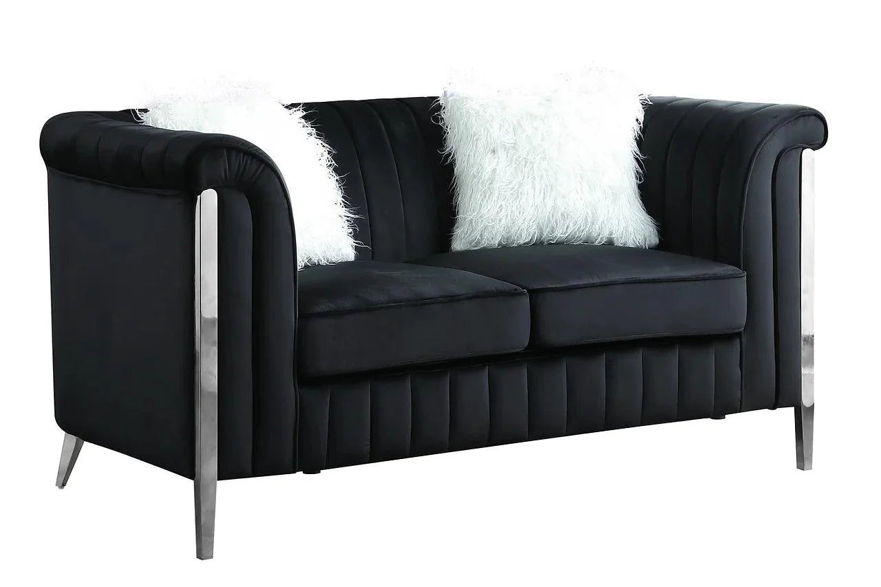Close-up of velvet upholstery and silver leg detail on Fara set