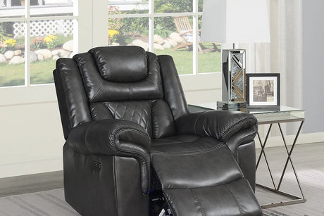 Grey leather gel power recliner angled view