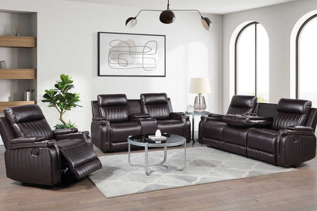 Ethan Brown AirLeather reclining sofa, front side view