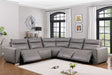 Sierra gray leather reclining sectional angled from front left