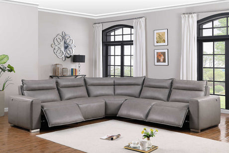 Sierra gray leather reclining sectional angled from front left