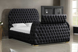 Royal black tufted upholstered platform queen bed angled view