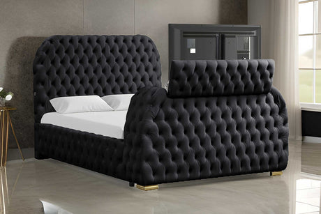 Royal black tufted upholstered platform queen bed angled view