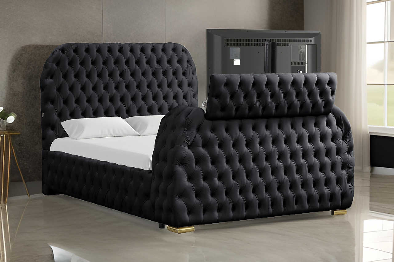 Royal Black Upholstered Tufted Platform King Bed angled view