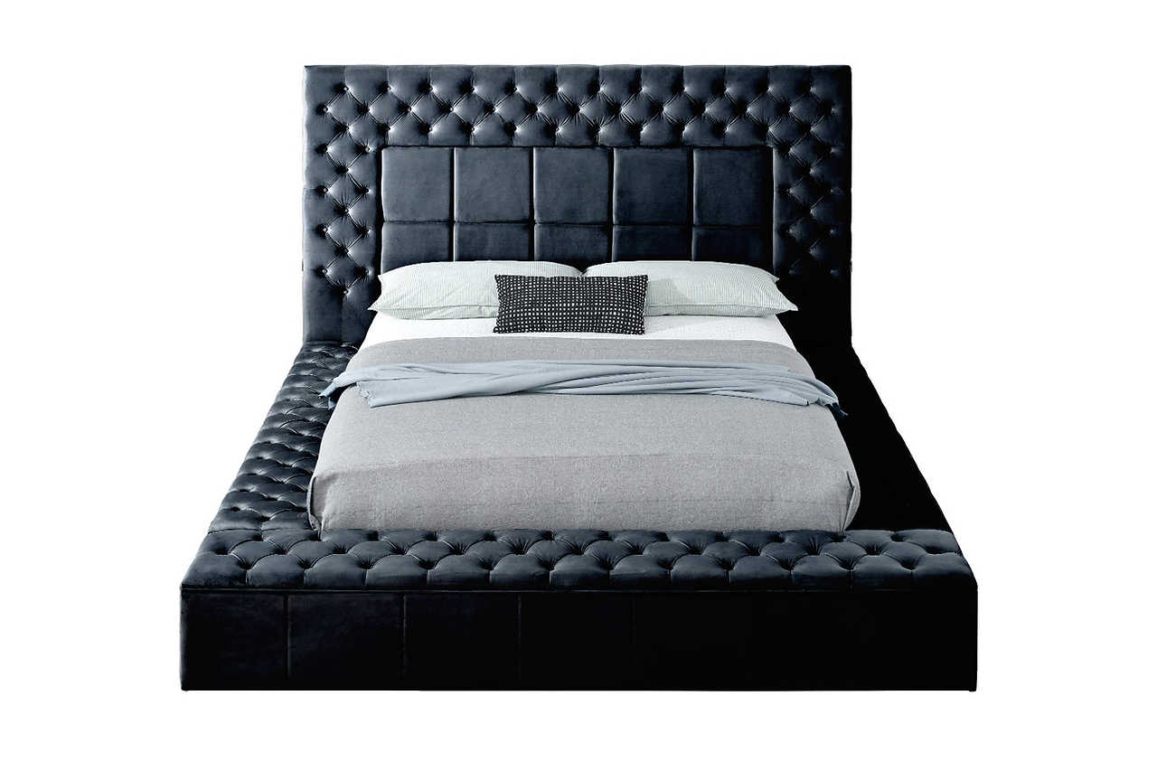 Close-up of black tufted upholstery on Emerald Power Storage King Bed