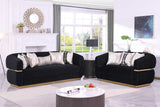 Side view of Carmela black velvet loveseat