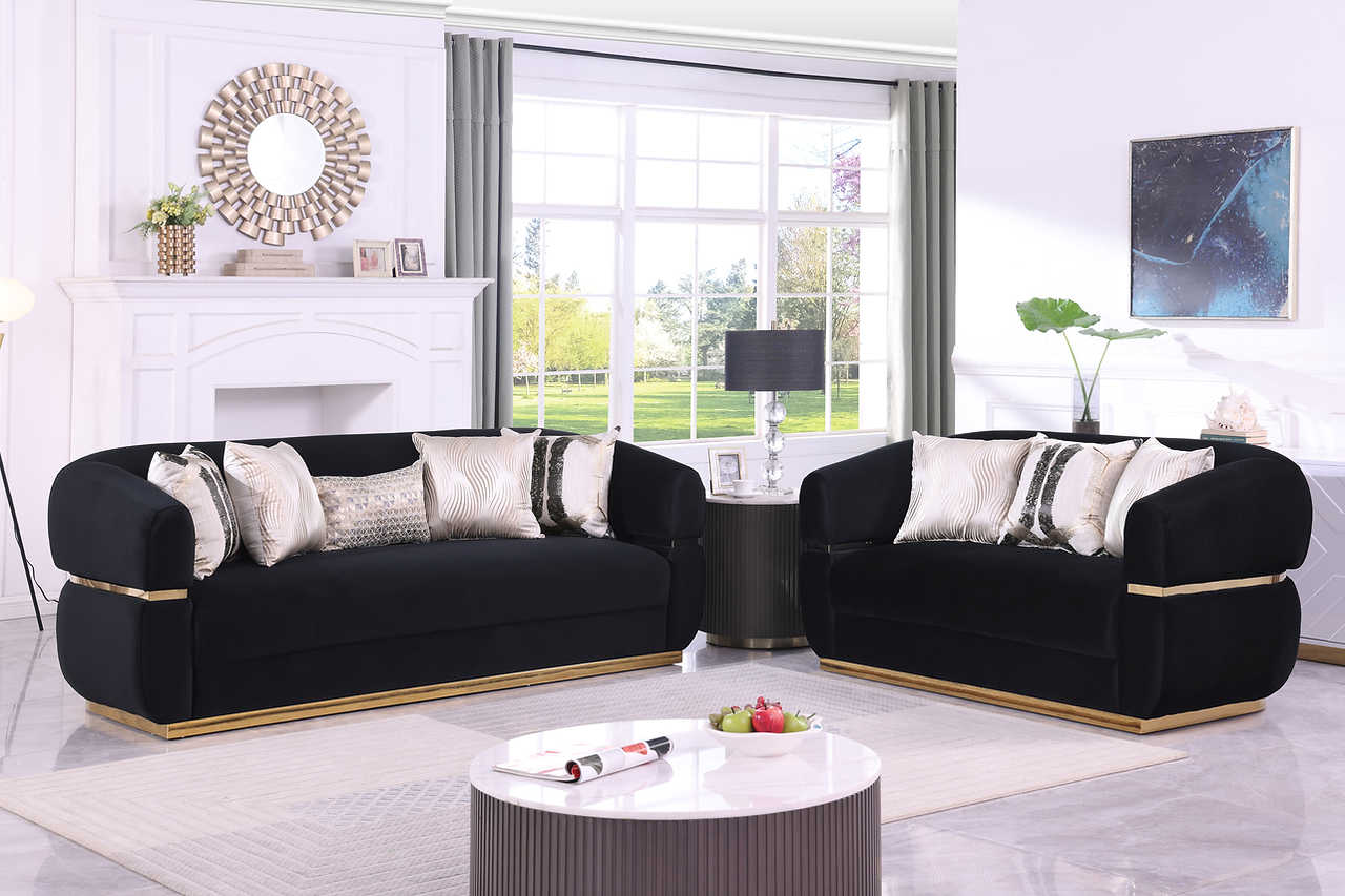 Side view of Carmela black velvet loveseat
