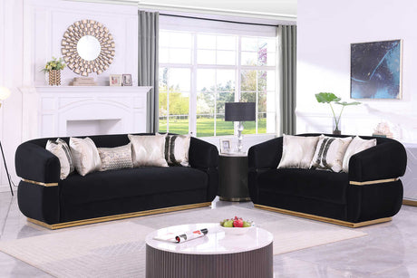 Side view of Carmela black velvet loveseat