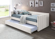 Beige upholstered twin over twin daybed with trundle, side angle