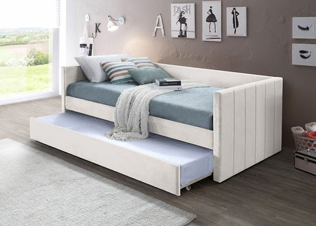 Beige upholstered twin over twin daybed with trundle, side angle