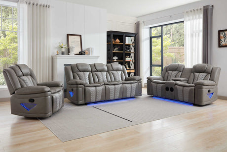 Innova Grey reclining sofa with LED lighting and dropdown table, front view