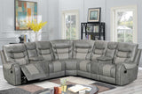 Phoenix II grey upholstered reclining sectional sofa front left view