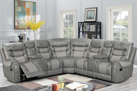 Phoenix II grey upholstered reclining sectional sofa front left view
