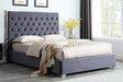 Rose Grey Velvet Upholstered Tufted Platform Queen Bed - front view with chrome accents
