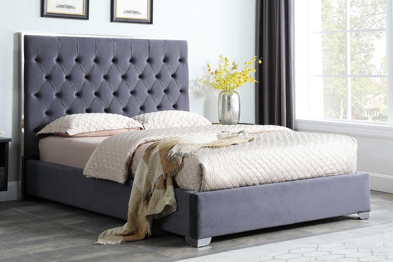 Rose Grey Velvet Upholstered Tufted Platform Queen Bed - front view with chrome accents