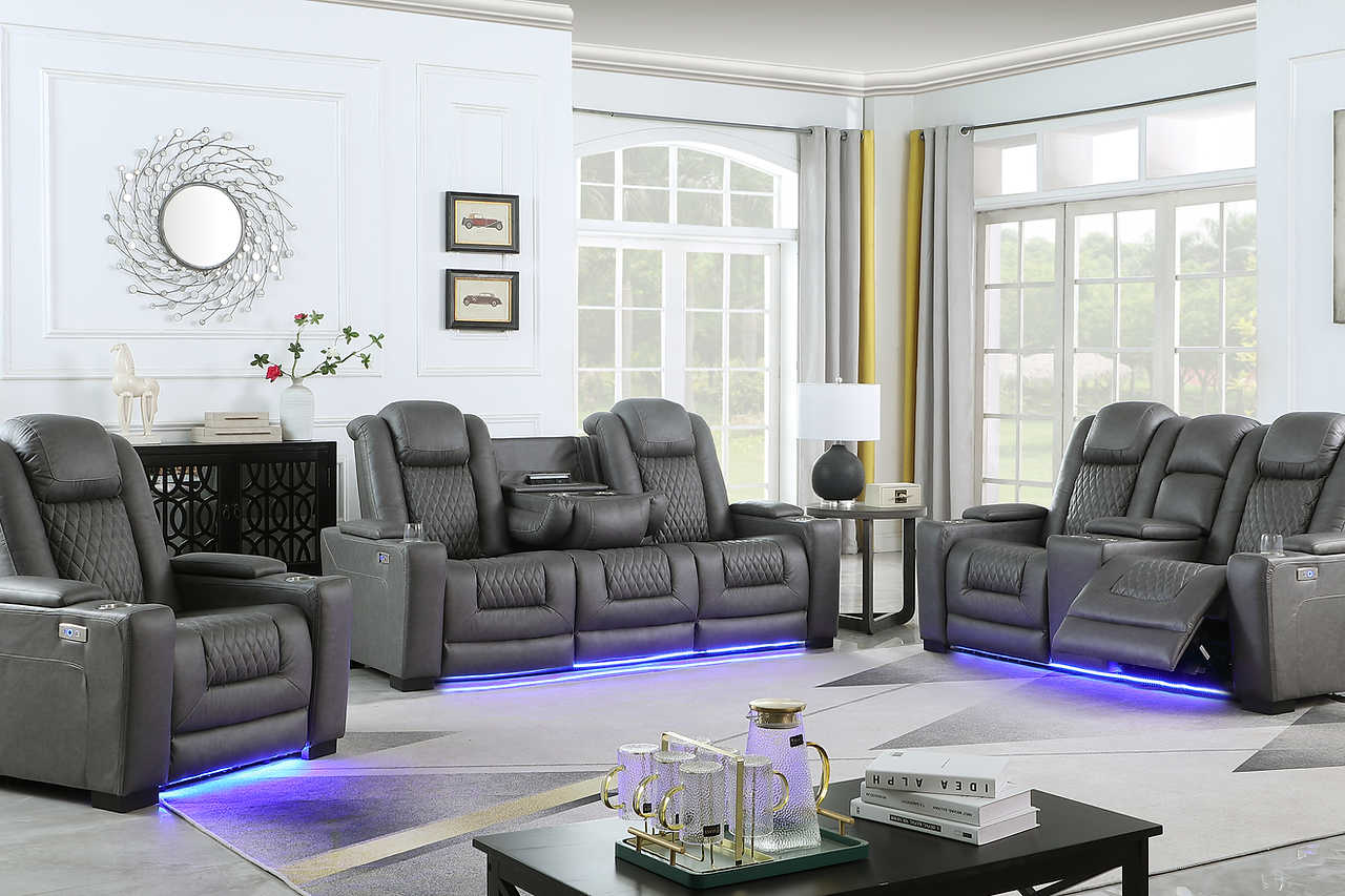 Grey microfiber power reclining loveseat with storage console