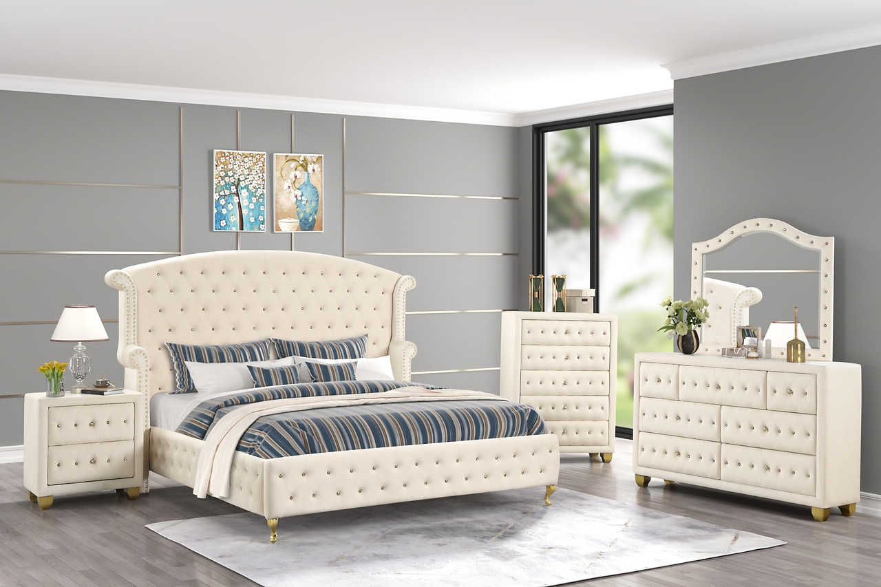 Olivia Beige Upholstered Wingback Queen Bed side angle