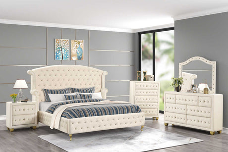 Olivia Beige Upholstered Wingback Queen Bed side angle
