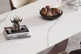 Close-up of white faux marble sintered stone tabletop