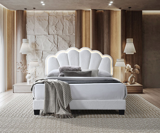 Gul Cream Upholstered Platform King Bed angled side view