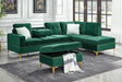 main view of Joy green velvet upholstered tufted sectional sofa with ottoman