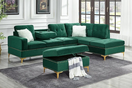 main view of Joy green velvet upholstered tufted sectional sofa with ottoman