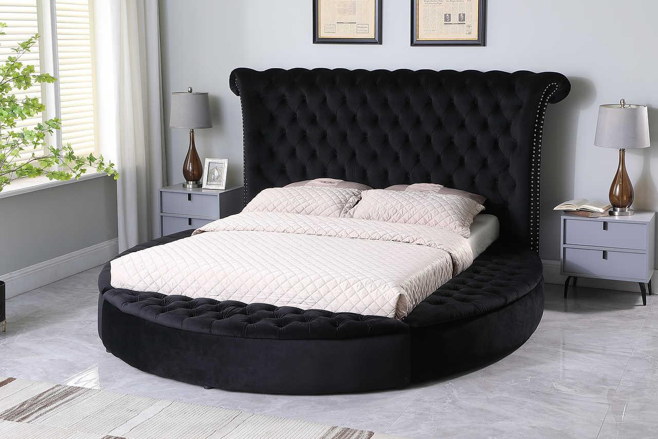Lux Black Velvet Tufted Queen Bed full front view with storage visible