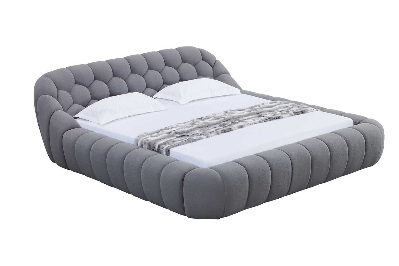 Detail of stitching on Bubbles gray upholstered bed