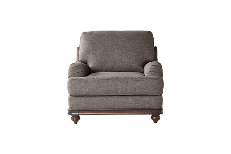 Driftwood Brown Gray Upholstered Chair front view showing fabric and wood trim