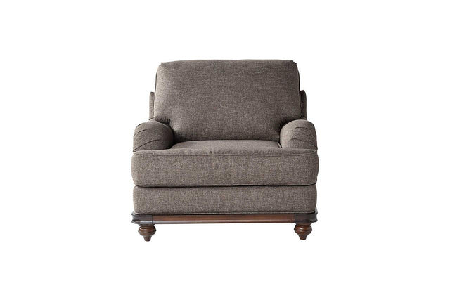 Driftwood Brown Gray Upholstered Chair front view showing fabric and wood trim