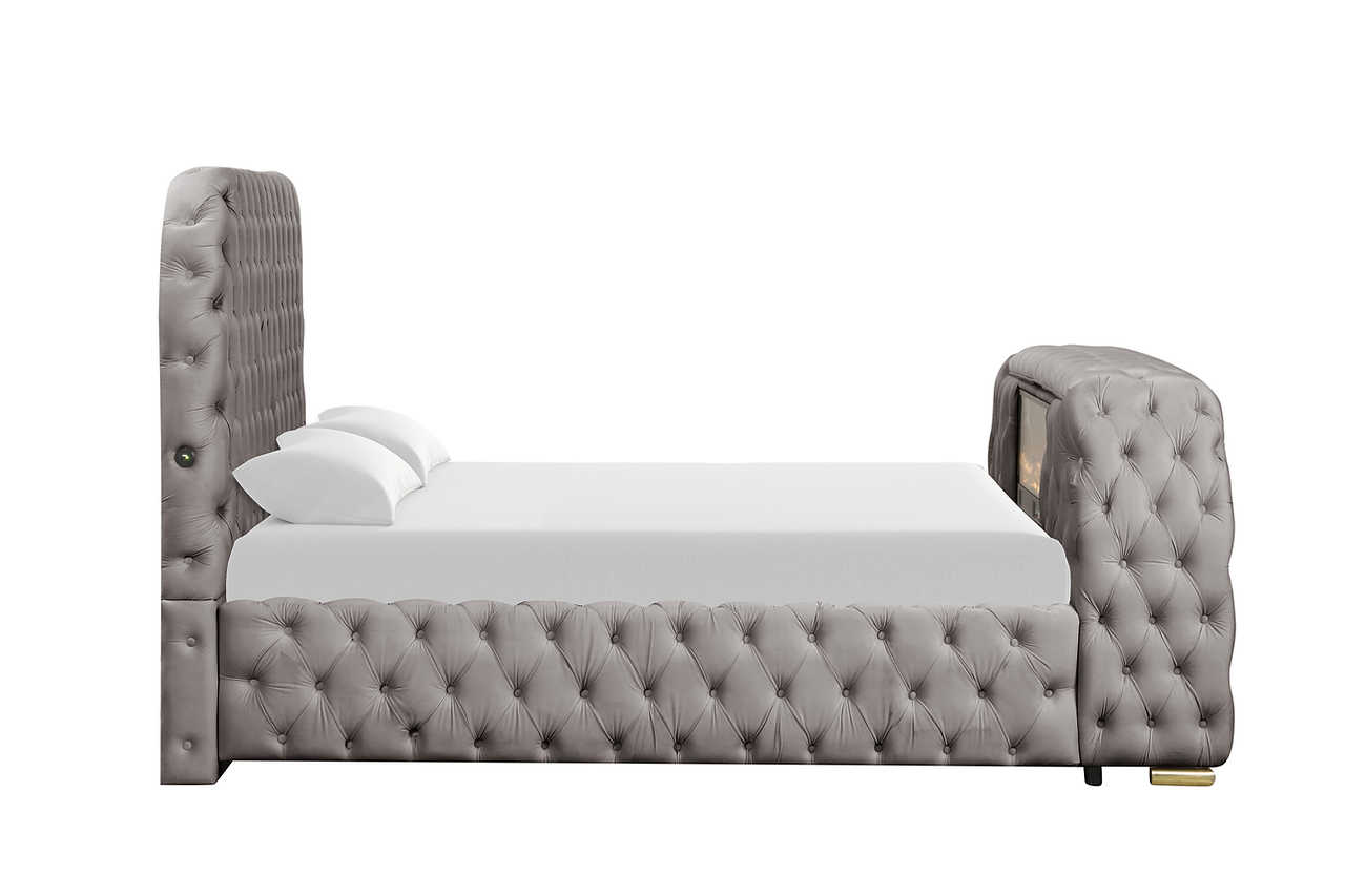 Side angle of platform bed frame and upholstery