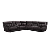 Six-piece brown leather sectional showing reclining seats