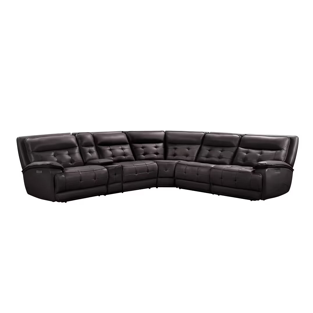 Six-piece brown leather sectional showing reclining seats