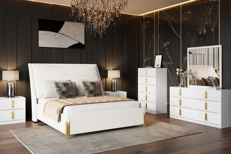 main angle of Glamor white velvet upholstered sleigh panel bed