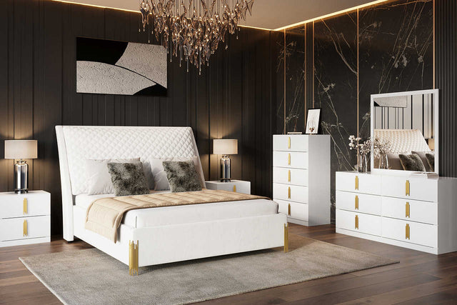 main angle of Glamor white velvet upholstered sleigh panel bed