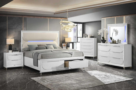 Aria White Fabric Upholstered Platform Queen Bed with LED Headboard