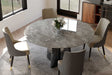 Luxe dining table, round grey faux marble top with stainless steel pedestal base